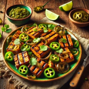 Grilled tempeh slices marinated in an onion-jalapeño blend, charred to perfection, garnished with cilantro and lime wedges, served on a rustic plate with a bowl of marinade and grilled jalapeño slices nearby.
