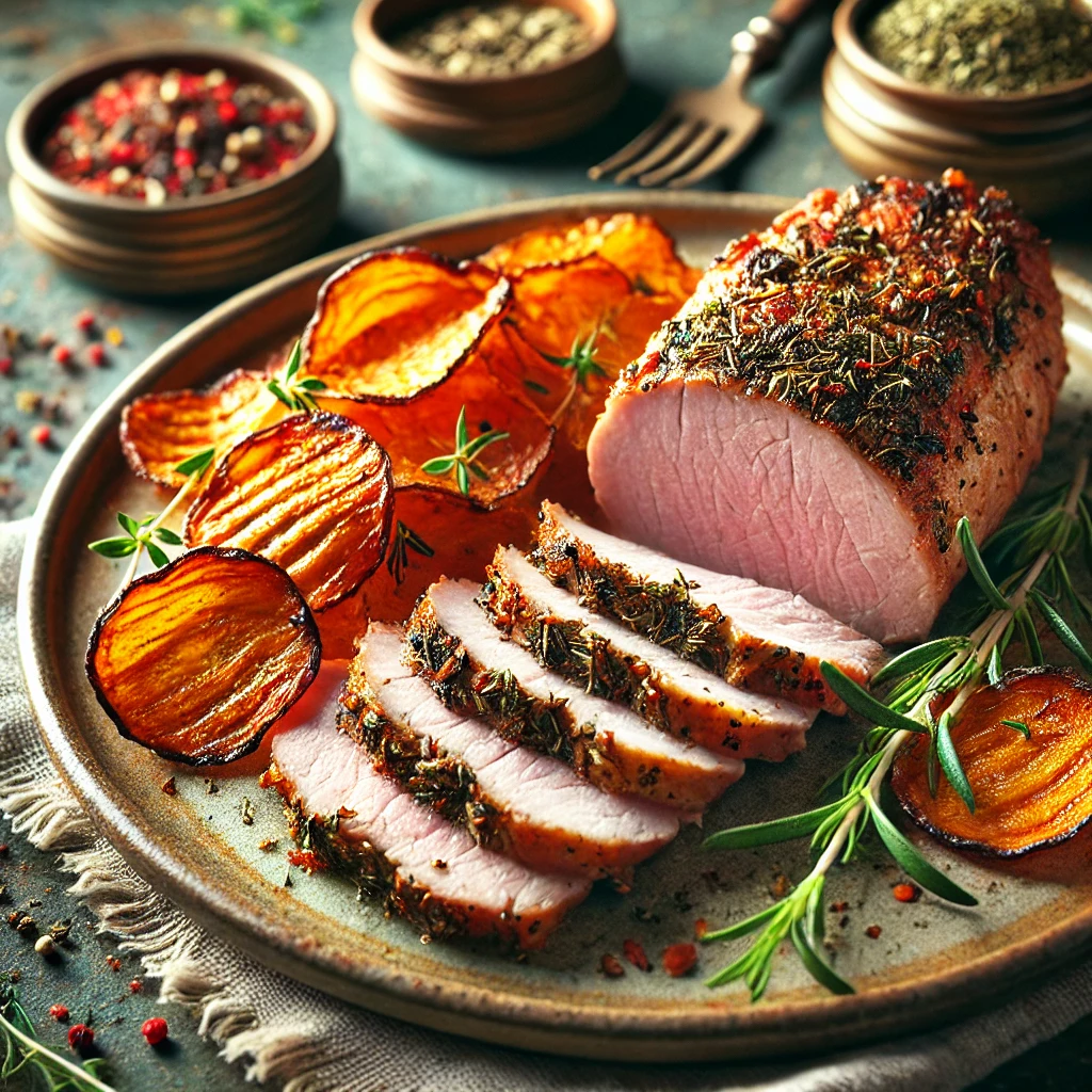 A rustic plate with juicy, golden-brown slices of herbed pork loin seasoned with rosemary, basil, and spices. Beside the pork are thin, crispy carrot chips, lightly browned and arranged neatly. The dish is on a ceramic plate, with soft natural light emphasizing the warm, rich tones of the food. In the background, there’s a rustic wooden table and small bowls of fresh herbs and spices.