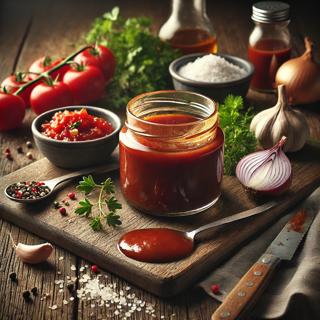 A small jar of zesty homemade steak sauce, rich and reddish-brown in color, sits on a rustic wooden table. Surrounding it are small bowls of fresh ingredients, including crushed tomatoes, chopped onions, garlic cloves, vinegar, and fresh herbs like parsley and thyme. A spoon coated in the sauce rests nearby, with soft natural light highlighting the scene and casting gentle shadows. The setting includes a cutting board, a knife, a linen napkin, and scattered coarse salt and pepper for a rustic, homely vibe.