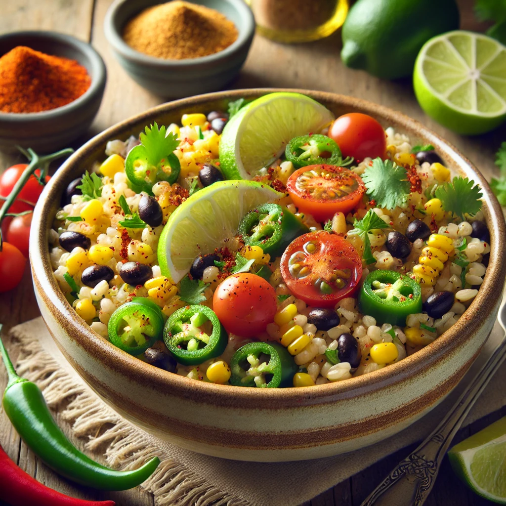 Zesty jalapeño-lime barley salad in a rustic bowl, featuring barley, jalapeños, corn, black beans, cherry tomatoes, and cilantro, garnished with lime wedges and chili powder, set on a wooden table with fresh lime and jalapeños.