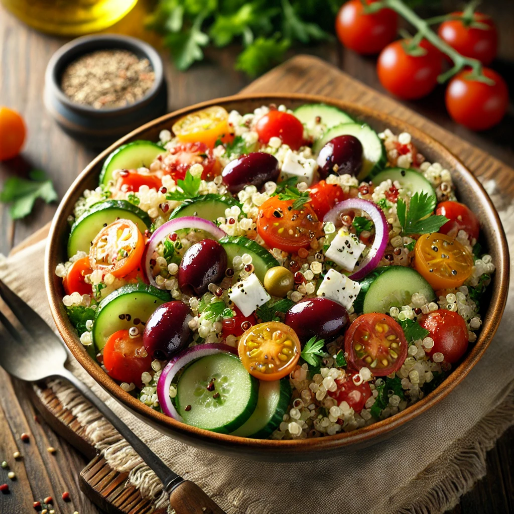 A bowl of zesty Mediterranean quinoa salad with fluffy quinoa, cherry tomatoes, cucumber slices, Kalamata olives, red onion, and crumbled feta cheese on a rustic wooden table. Dressed in a light lemon-herb vinaigrette and garnished with fresh parsley and black pepper, with a serving spoon lifting a portion. A cozy napkin and wooden plate enhance the warm, inviting atmosphere.