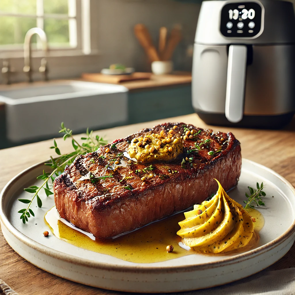 A seared New York Strip steak served on a white ceramic plate, garnished with a dollop of mustard butter made from whole-grain mustard and honey. The steak is golden brown and rests in a modern kitchen with an air fryer and a wooden countertop visible in the softly lit background.