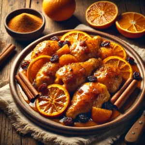 A rustic ceramic platter of orange cinnamon chicken sits on a wooden table. The golden brown, tender chicken pieces are coated in a rich, glossy orange and cinnamon sauce with plump raisins scattered throughout. Garnished with fresh orange slices and a sprinkle of cinnamon, the dish is accompanied by a folded linen napkin and a small bowl of extra sauce. Soft natural light highlights the warm tones and glossy textures, creating a comforting and appetizing presentation.