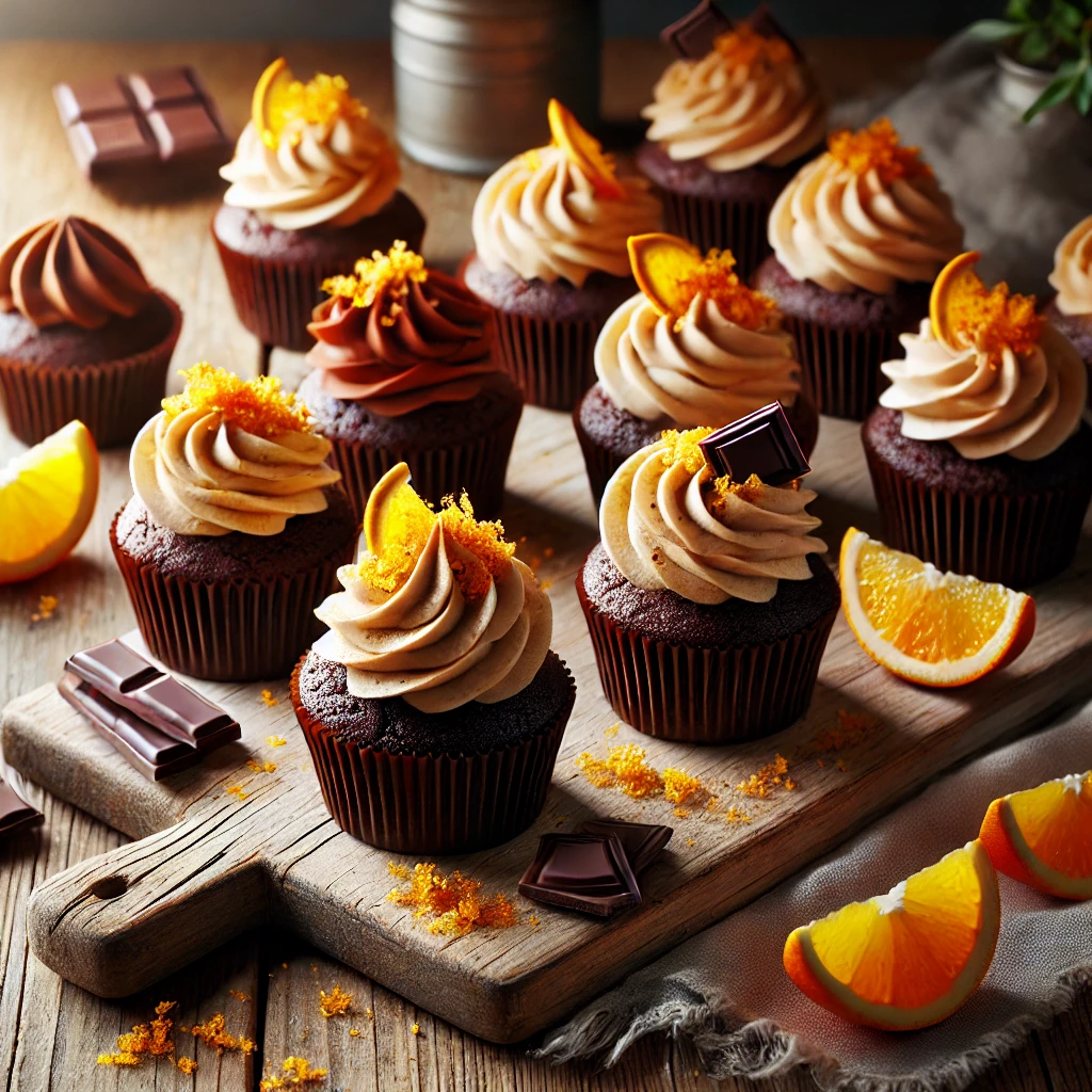 A rustic presentation of zesty orange-ginger vegan chocolate cupcakes, elegantly arranged on a wooden table. The cupcakes have a rich, dark chocolate base topped with creamy orange-infused frosting, garnished with candied orange zest and a sprinkle of grated ginger. Some cupcakes are placed on a wooden cutting board, while others are arranged with fresh orange slices and small pieces of dark chocolate around them. Soft natural lighting enhances the warm and inviting feel, with gentle shadows and a hint of greenery in the background.