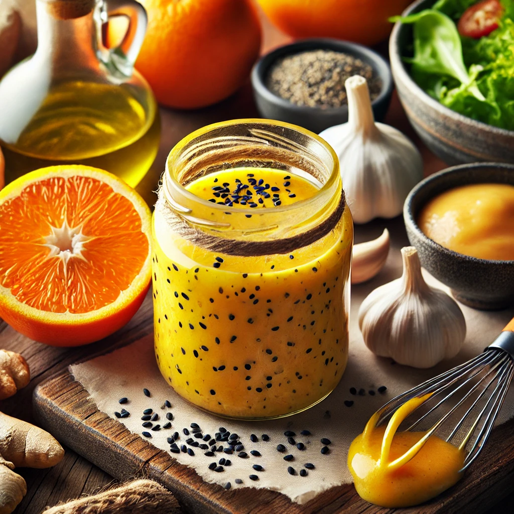 A jar of zesty orange miso dressing with a golden hue, speckled with black sesame seeds, surrounded by fresh ingredients including an orange, miso paste, ginger, and sesame oil, on a rustic wooden table with a whisk and salad greens nearby, in soft natural light.