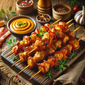 A realistic presentation of Zesty Pork and Bacon Party Skewers, featuring golden-brown skewers marinated in a spiced coconut curry sauce. The skewers are arranged on a rustic wooden board, garnished with fresh herbs, and accompanied by a small bowl of coconut curry sauce. The warm wooden table and soft natural lighting enhance the dish's vibrant and party-friendly appeal.