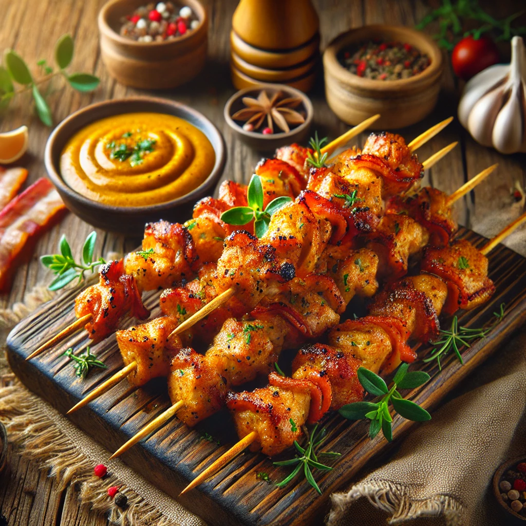 A realistic presentation of Zesty Pork and Bacon Party Skewers, featuring golden-brown skewers marinated in a spiced coconut curry sauce. The skewers are arranged on a rustic wooden board, garnished with fresh herbs, and accompanied by a small bowl of coconut curry sauce. The warm wooden table and soft natural lighting enhance the dish's vibrant and party-friendly appeal.