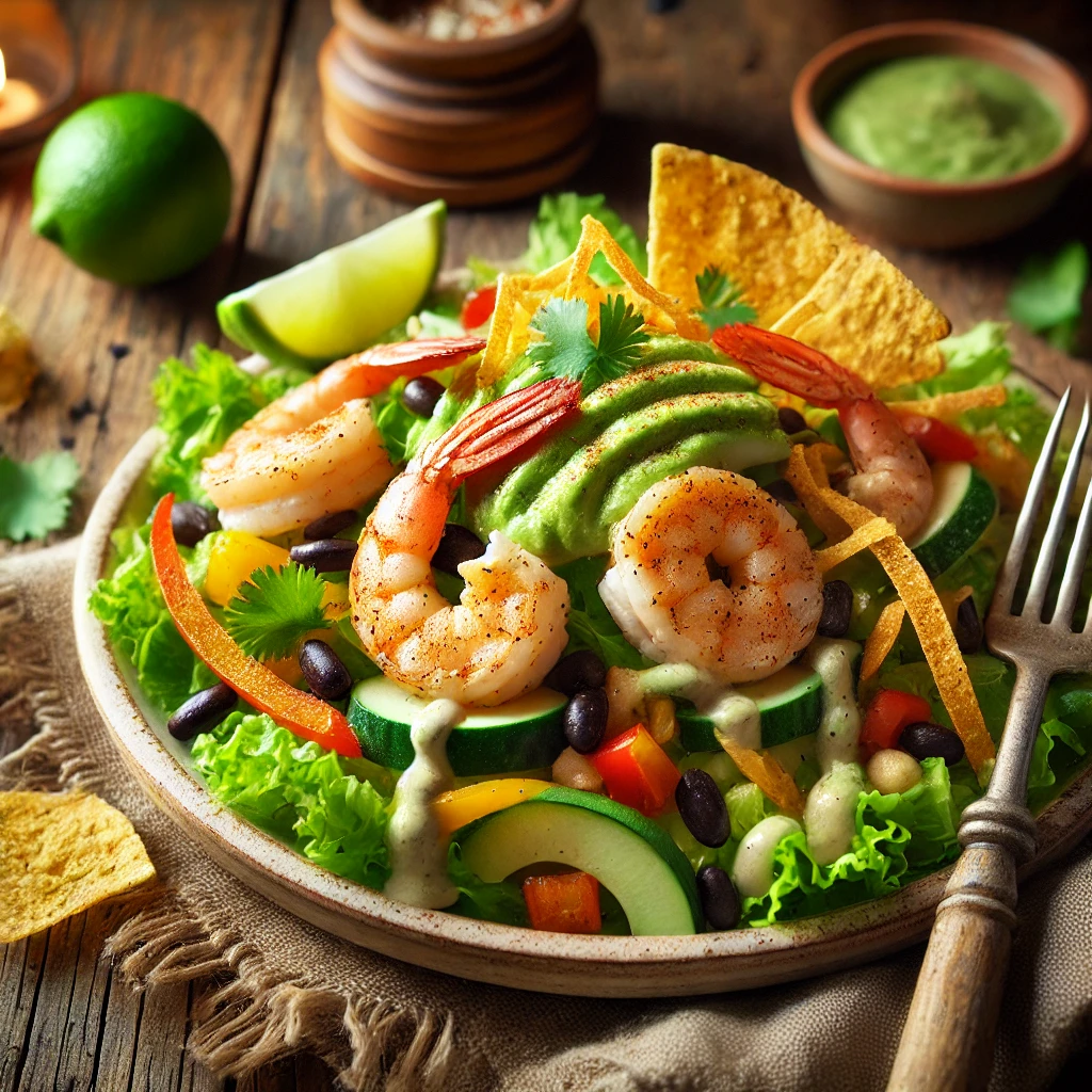A plate of zesty shrimp & tortilla medley salad with seasoned pan-seared shrimp, crisp romaine lettuce, black beans, sliced cucumber, and colorful bell peppers on a rustic wooden table. Topped with crunchy baked tortilla strips and drizzled with creamy avocado dressing, garnished with fresh cilantro and lime wedges. A serving fork lifts a bite, enhancing the fresh, inviting presentation.