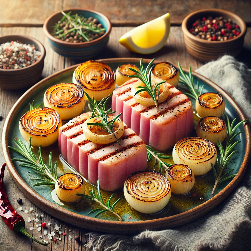 Perfectly cooked tuna steaks with golden-seared edges, topped with roasted pearl onions, garnished with lemon slices and fresh herbs, presented on a rustic ceramic plate under soft natural lighting for a fresh and appetizing appearance.