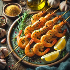 Golden, lightly charred shrimp skewers garnished with fresh herbs, served with lemon wedges on a rustic ceramic plate, set on a wooden table with small bowls of seasoning and olive oil under soft natural lighting for an inviting and flavorful presentation.