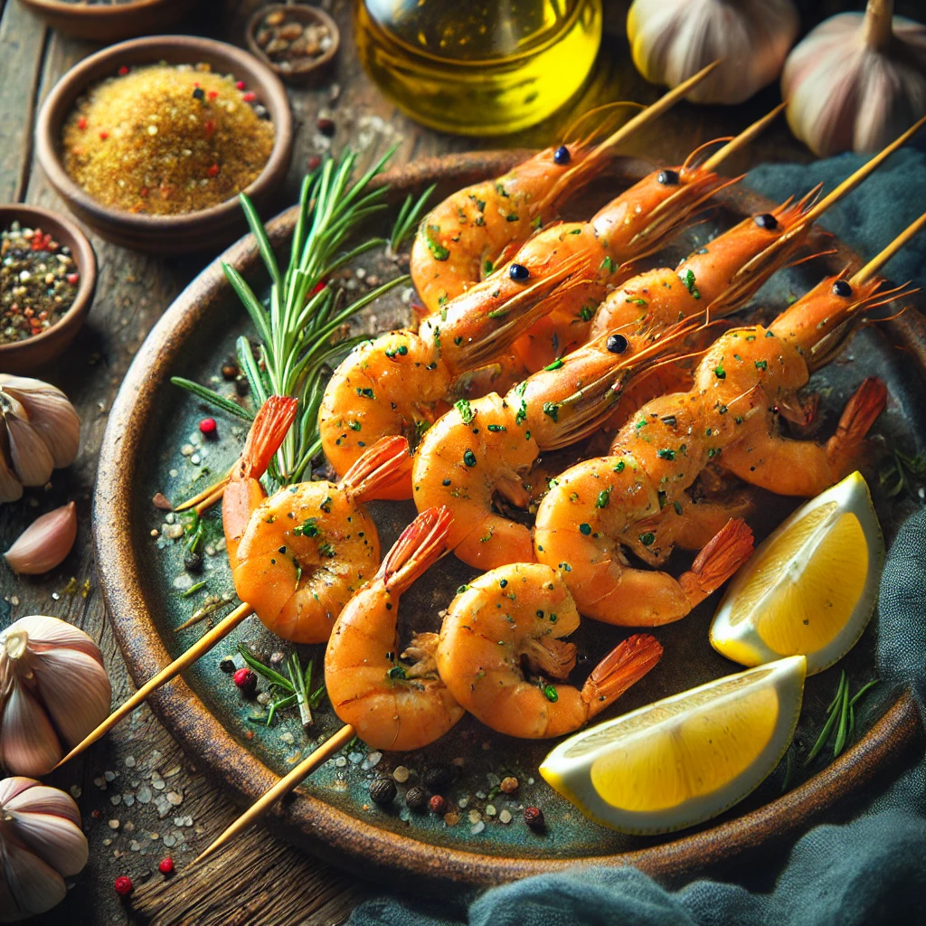 Golden, lightly charred shrimp skewers garnished with fresh herbs, served with lemon wedges on a rustic ceramic plate, set on a wooden table with small bowls of seasoning and olive oil under soft natural lighting for an inviting and flavorful presentation.