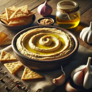 A rustic ceramic bowl of smooth and creamy Zorba’s hummus, drizzled with olive oil and garnished with a sprinkle of pepper, is surrounded by fresh pita chips, a small bowl of olive oil, whole garlic cloves, a halved lemon, and a scoop of peanut butter on a wooden table.