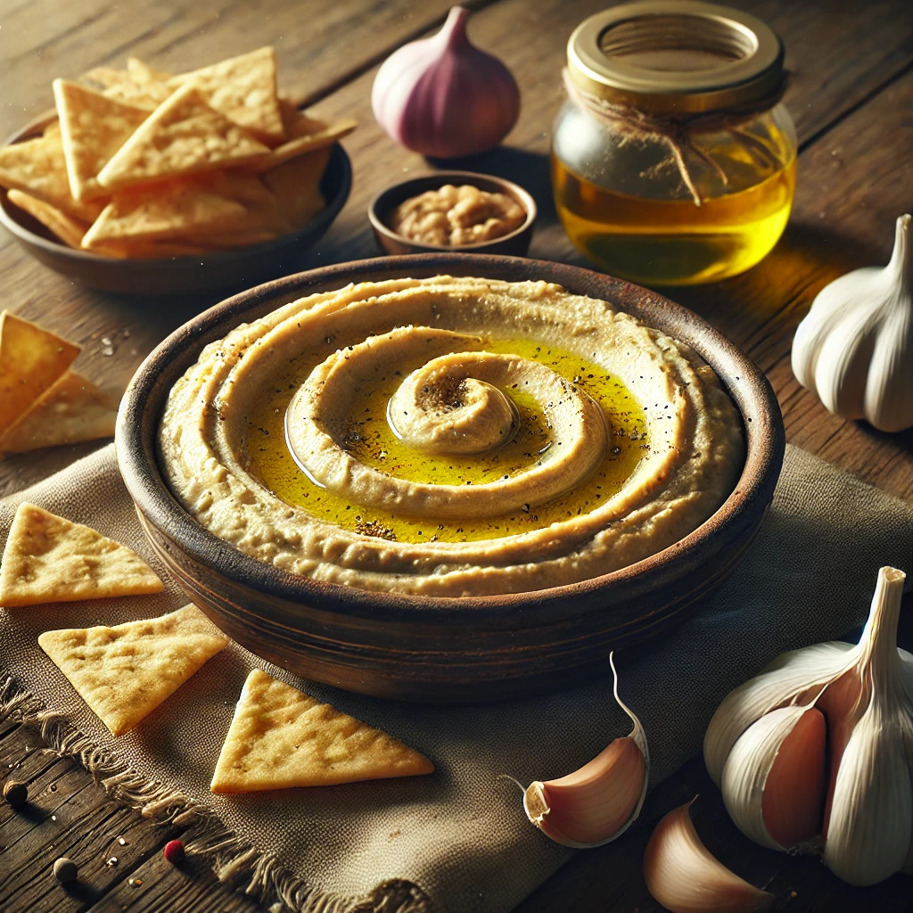 A rustic ceramic bowl of smooth and creamy Zorba’s hummus, drizzled with olive oil and garnished with a sprinkle of pepper, is surrounded by fresh pita chips, a small bowl of olive oil, whole garlic cloves, a halved lemon, and a scoop of peanut butter on a wooden table.