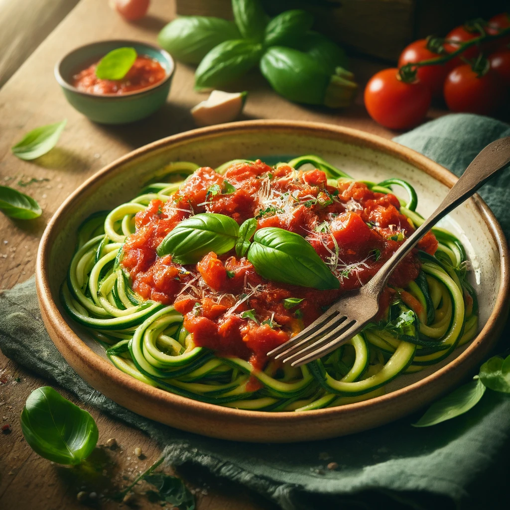 A rustic presentation of zucchini noodles with marinara, elegantly arranged on a wooden table. The vibrant green zucchini noodles are coated in a rich, chunky marinara sauce made from fresh tomatoes, garlic, and herbs. The dish is served on a ceramic plate, garnished with fresh basil leaves and a sprinkle of grated Parmesan cheese. A fork twirls a portion of the noodles, highlighting their delicate texture. Scattered around are cherry tomatoes, basil sprigs, and a drizzle of olive oil. Soft natural lighting enhances the fresh and inviting feel, with gentle shadows and a hint of rustic kitchen elements in the background.
