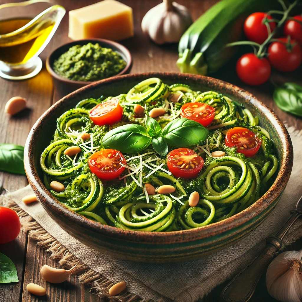 Spiralized zucchini noodles tossed in a rich basil pesto sauce, topped with cherry tomatoes, toasted pine nuts, and garnished with Parmesan cheese and fresh basil.