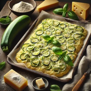 A rustic baking tray with evenly spread zucchini dough sits on a wooden table. The dough is golden and lightly browned on top, made with coarsely grated zucchini, Parmesan cheese, and basil. Surrounding the tray are fresh zucchinis, a block of Parmesan cheese, basil leaves, and a small bowl of flour. A folded linen napkin and a wooden spoon complete the cozy and appetizing presentation.