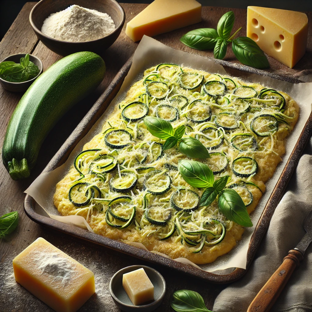 A rustic baking tray with evenly spread zucchini dough sits on a wooden table. The dough is golden and lightly browned on top, made with coarsely grated zucchini, Parmesan cheese, and basil. Surrounding the tray are fresh zucchinis, a block of Parmesan cheese, basil leaves, and a small bowl of flour. A folded linen napkin and a wooden spoon complete the cozy and appetizing presentation.