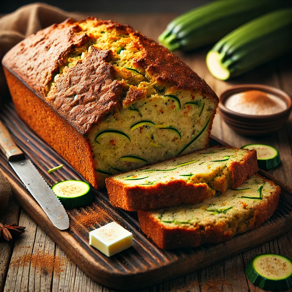 A freshly baked Zucchini Quick Bread with a golden-brown crust and a moist, tender interior speckled with grated zucchini and warm spices. The loaf has a rustic, artisanal appearance with a slightly cracked surface. It rests on a wooden cutting board atop a rustic wooden table, with a few slices cut to reveal its soft, vegetable-infused crumb. A small dish of butter, fresh zucchini slices, and a sprinkle of cinnamon complete the cozy presentation. Warm, natural lighting enhances the inviting, homemade feel.