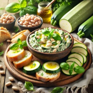 A vibrant and fresh presentation of Zucchini and White Bean Vegan Spread, served in a rustic and inviting setting, paired with fresh bread slices and colorful garnishes.