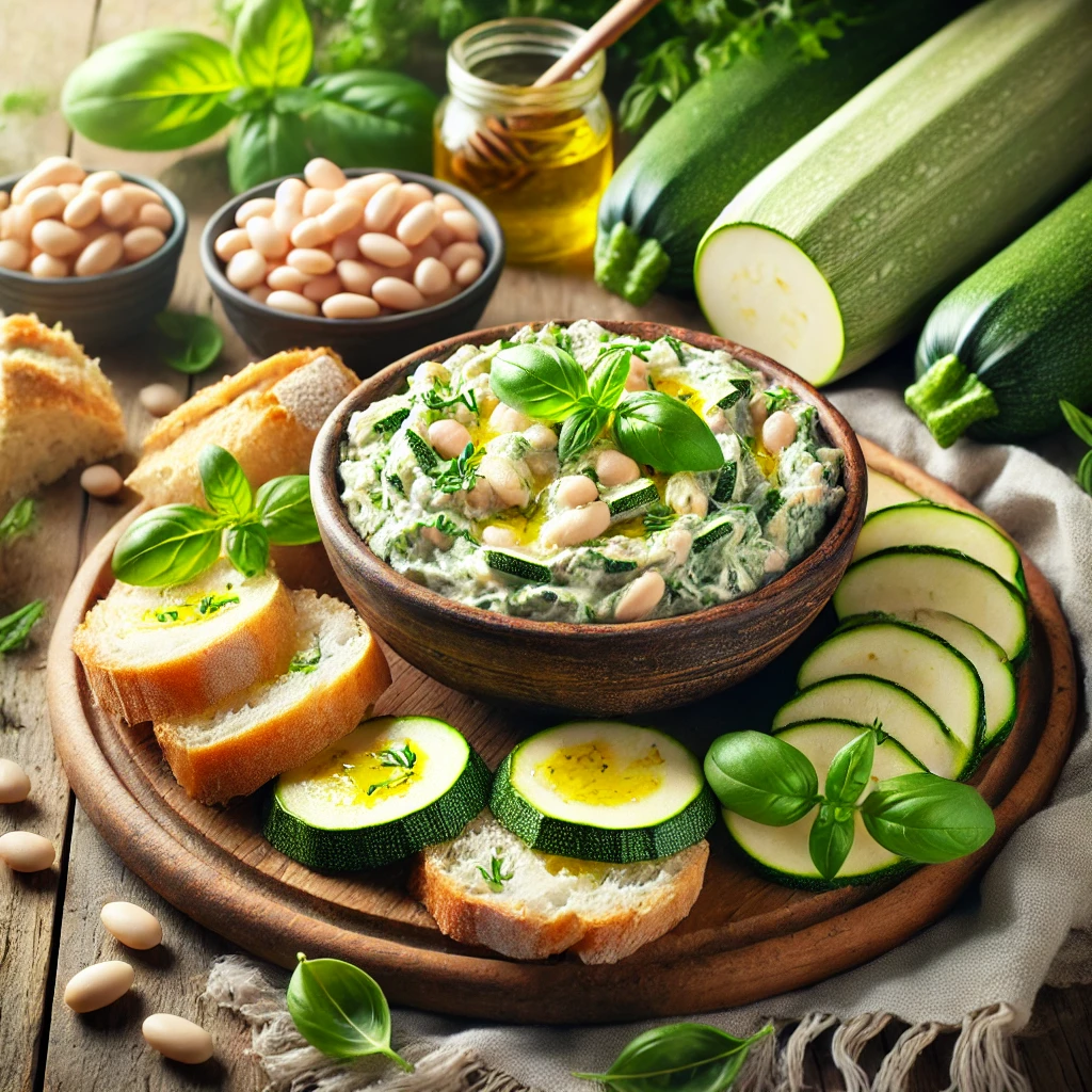 A vibrant and fresh presentation of Zucchini and White Bean Vegan Spread, served in a rustic and inviting setting, paired with fresh bread slices and colorful garnishes.