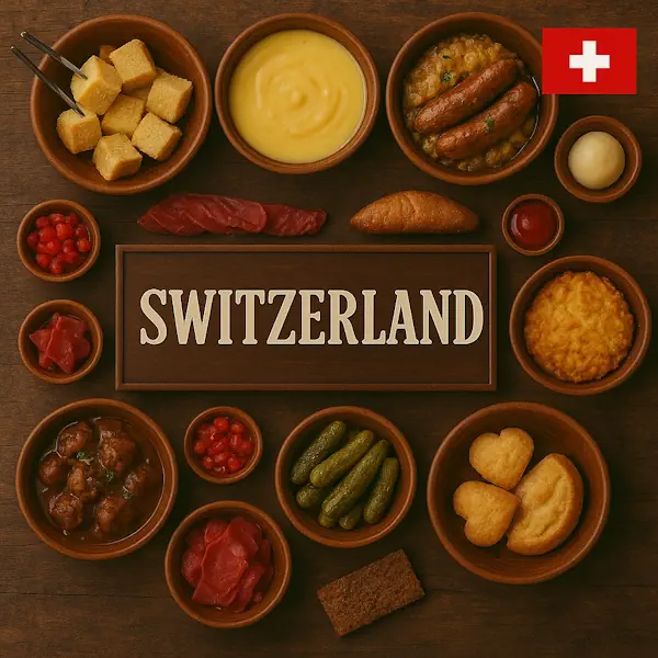 Authentic Swiss cuisine flat lay with cheese fondue, rösti, sausages with lentils, boiled potatoes, pickles, Swiss meatballs, and butter cookies in rustic wooden bowls, centered around SWITZERLAND sign with the national flag.
