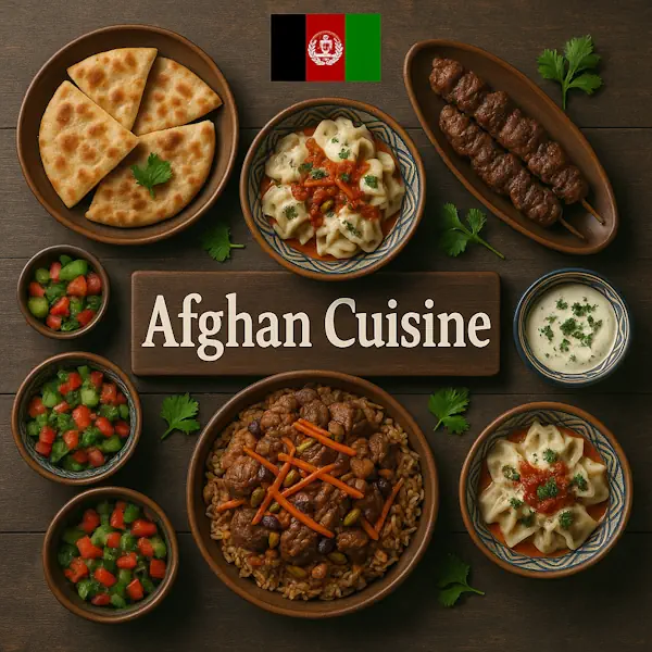 Top-down view of a rustic wooden table featuring a variety of traditional Afghan dishes arranged around a central sign labeled Afghan Cuisine, with the Afghan flag displayed in the top right corner. Includes Bolani, Mantu dumplings with tomato sauce, Kofta kebabs, Qabili Palau, Salata (Afghan salad), and yogurt dip, all presented in ceramic bowls and plates.