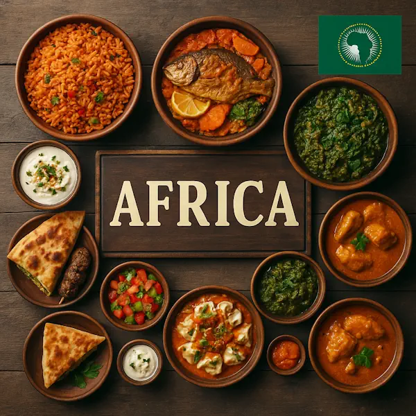 Top-down view of a rustic wooden table featuring a vibrant spread of traditional African dishes arranged around a central sign labeled AFRICA, with the African Union flag displayed in the top right corner. Includes jollof rice, grilled fish stew, peanut stew, sautéed greens, yogurt dip, flatbread with kebab, and vegetable salads, all served in warm-toned ceramic and wooden bowls and plates.