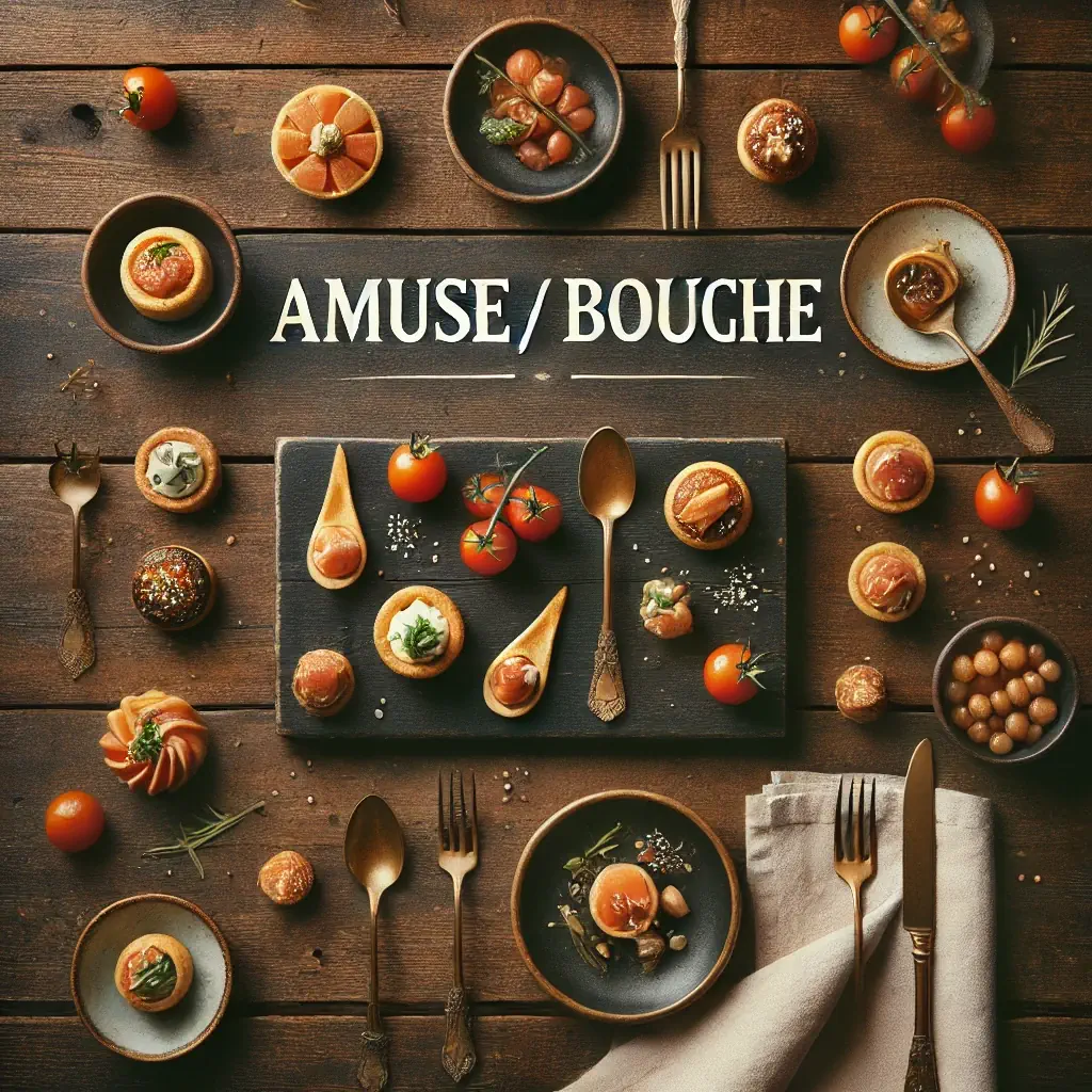 A rustic flat lay of amuse-bouche dishes on a medium-dark wooden table with horizontal planks. The selection includes mini tartlets, salmon canapés, stuffed cherry tomatoes, and elegant spoons with tiny gourmet bites, arranged minimally with warm lighting. At the top, the words 'AMUSE / BOUCHE' are written in large cream-colored serif letters, centered and clearly visible.