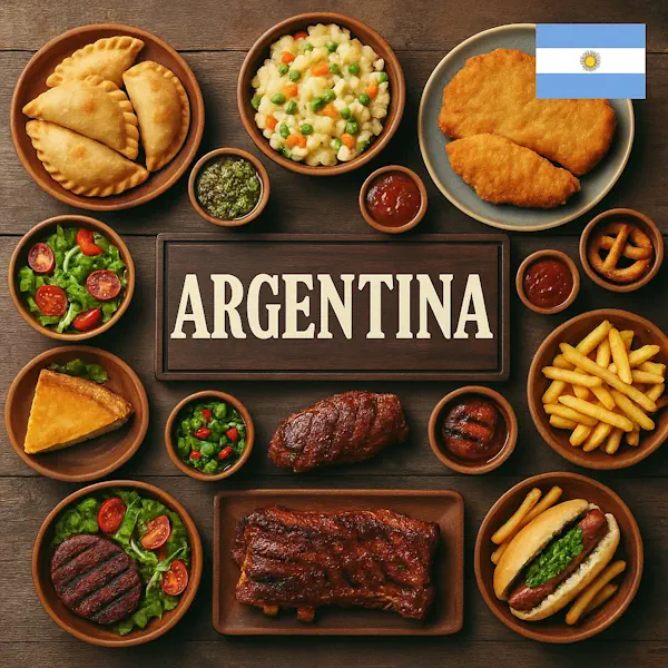 Top-down view of a rustic wooden table featuring a variety of traditional Argentine dishes arranged around a central sign labeled ARGENTINA, with the Argentine flag in the top right corner. Includes empanadas, milanesa, grilled ribs, chimichurri, potato salad, choripán, French fries, salad, and dulce de leche cake, all served in wooden and ceramic bowls and plates.