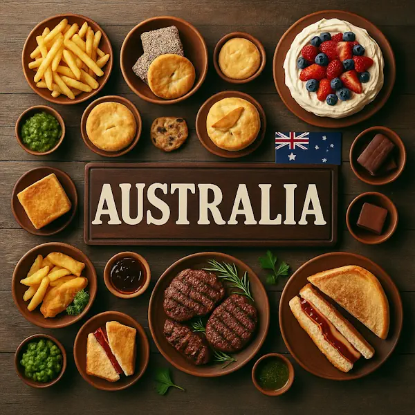 Top-down view of a rustic wooden table featuring a variety of traditional Australian dishes arranged around a central sign labeled AUSTRALIA, with the Australian flag in the top right corner. Includes grilled beef patties, meat pies, lamingtons, pavlova, fries, Vegemite toast, mushy peas, and Tim Tams, all served in wooden bowls and plates with warm, earthy tones.