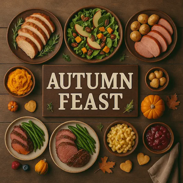 Top-down view of a rustic wooden table featuring a festive assortment of autumn dishes arranged around a central sign labeled AUTUMN FEAST. Includes roasted turkey, ham, green beans, mashed sweet potatoes, macaroni and cheese, cranberry sauce, apple and pecan salad, small potatoes, and mini pumpkins, all served in ceramic and wooden dishes with warm seasonal touches.
