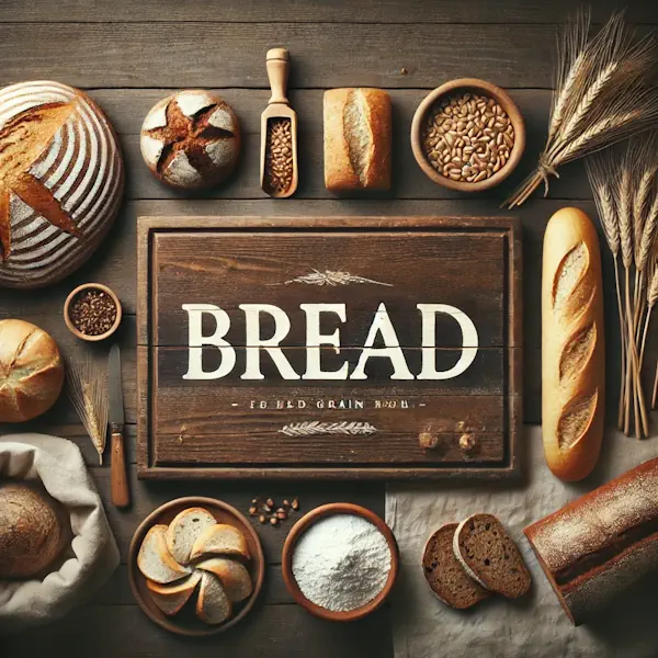 A rustic flat lay of bread on a medium-dark wooden table with horizontal planks. The selection includes a crusty loaf, sliced bread, whole grain bread, and baguette pieces arranged on a wooden board with garnishes like flour or wheat stalks. At the top, the word 'BREAD' is written in large cream-colored serif letters, centered and clearly visible.