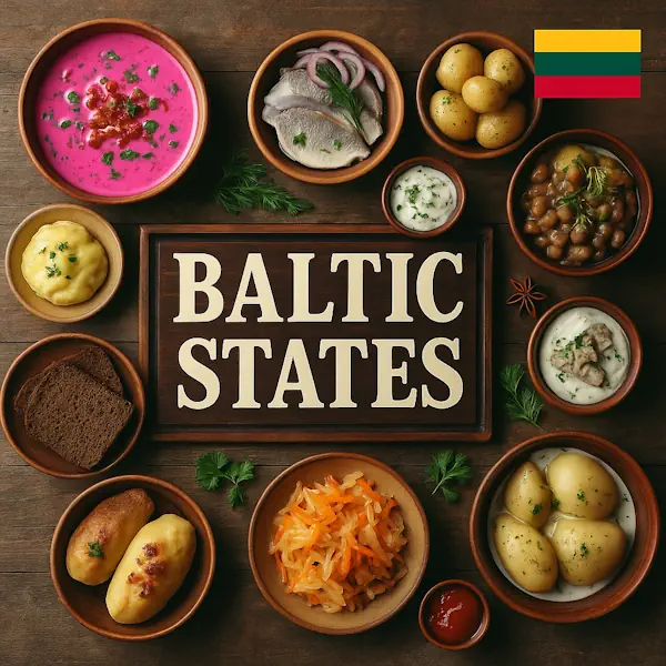 Top-down view of a rustic wooden table featuring a spread of traditional dishes from the Baltic States arranged around a central sign labeled BALTIC STATES, with the Baltic tricolor flag in the top right corner. Includes šaltibarščiai beet soup, pickled herring, potato dumplings (cepelinai), boiled potatoes, rye bread, sauerkraut, grey peas, and mushroom sauce, all served in wooden and ceramic bowls and plates.