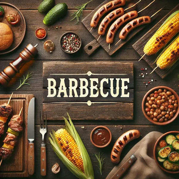 A rustic flat lay of barbecue foods on a medium-dark wooden table with horizontal planks, including grilled meat skewers, sausages, corn on the cob, and vegetables. At the top, the word 'BARBECUE' is written in large cream-colored serif letters, centered and clearly visible.