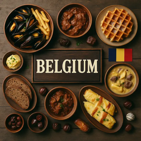 Top-down view of a rustic wooden table featuring a variety of traditional Belgian dishes arranged around a central sign labeled BELGIUM, with the Belgian flag in the top right corner. Includes mussels with fries, Belgian waffle, beef stew, chicons au gratin, mashed potatoes, rye bread, and assorted chocolates, all served in wooden and ceramic bowls and plates.