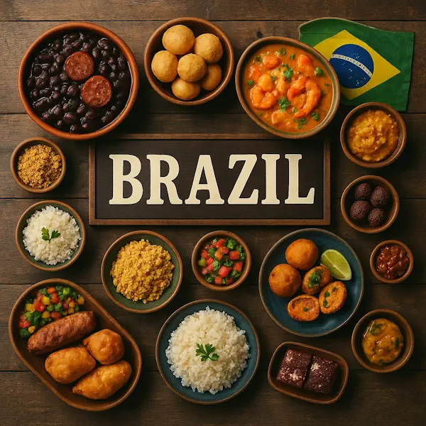 Top-down view of a rustic wooden table featuring a variety of traditional Brazilian dishes arranged around a central sign labeled BRAZIL, with the Brazilian flag in the top right corner. Includes feijoada, pão de queijo, moqueca, acarajé, rice, farofa, vinaigrette, and brigadeiros, all served in wooden and ceramic bowls and plates.