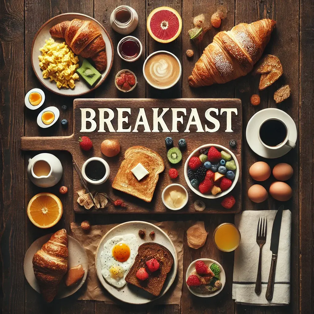 A rustic flat lay of breakfast foods on a medium-dark wooden table with horizontal planks. The scene includes toast with butter and jam, scrambled eggs, croissants, fresh fruit, and coffee or tea. At the top, the word 'BREAKFAST' is written in large cream-colored serif letters, centered and clearly visible.