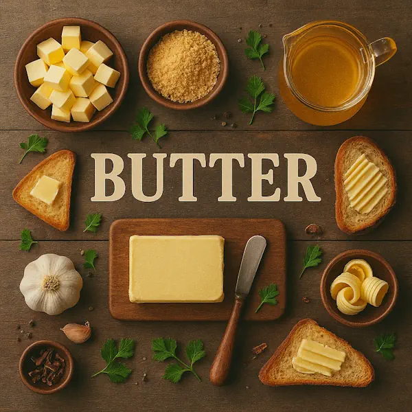 Top-down view of a rustic wooden table featuring an assortment of butter-based ingredients arranged around a central sign labeled BUTTER. Includes a block of butter on a wooden board, cubed butter, melted butter in a glass pitcher, curled butter pieces, and slices of toasted bread with butter, all surrounded by garlic, parsley, coarse salt, and warm earthy tones.