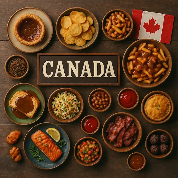 Top-down view of a rustic wooden table featuring a variety of traditional Canadian dishes arranged around a central sign labeled CANADA, with the Canadian flag in the top right corner. Includes poutine, butter tarts, tourtière, baked beans, grilled salmon, coleslaw, peameal bacon, and ketchup, all served in wooden and ceramic bowls and plates.