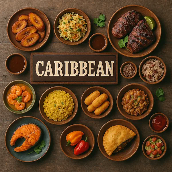 Top-down view of a rustic wooden table featuring a variety of traditional Caribbean dishes arranged around a central sign labeled CARIBBEAN. Includes jerk chicken, fried plantains, curry shrimp, rice and peas, saltfish fritters, escovitch fish, and tropical salsas, all served in wooden and ceramic bowls and plates.