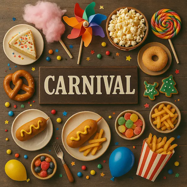 Top-down view of a rustic wooden table featuring a playful carnival-themed spread arranged around a central sign labeled CARNIVAL. Includes corn dogs with mustard, cotton candy, popcorn, fries, lollipops, gumdrops, pretzels, festive cookies, and cake slices, with colorful confetti, balloons, and a rainbow pinwheel adding a fun and vibrant touch.