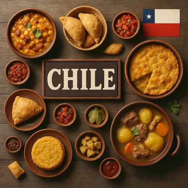 Top-down view of a rustic wooden table featuring a variety of traditional Chilean dishes arranged around a central sign labeled CHILE, with the Chilean flag in the top right corner. Includes porotos granados, empanadas, pastel de choclo, cazuela, chimichurri, and corn cakes, all served in wooden and ceramic bowls and plates.