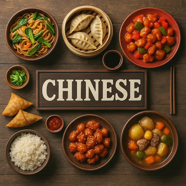 Top-down view of a rustic wooden table featuring a variety of traditional Chinese dishes arranged around a central sign labeled CHINESE. Includes stir-fried noodles, steamed dumplings, sweet and sour chicken, rice, spring rolls, sesame chicken, and beef stew with vegetables, all served in wooden and ceramic bowls and plates.