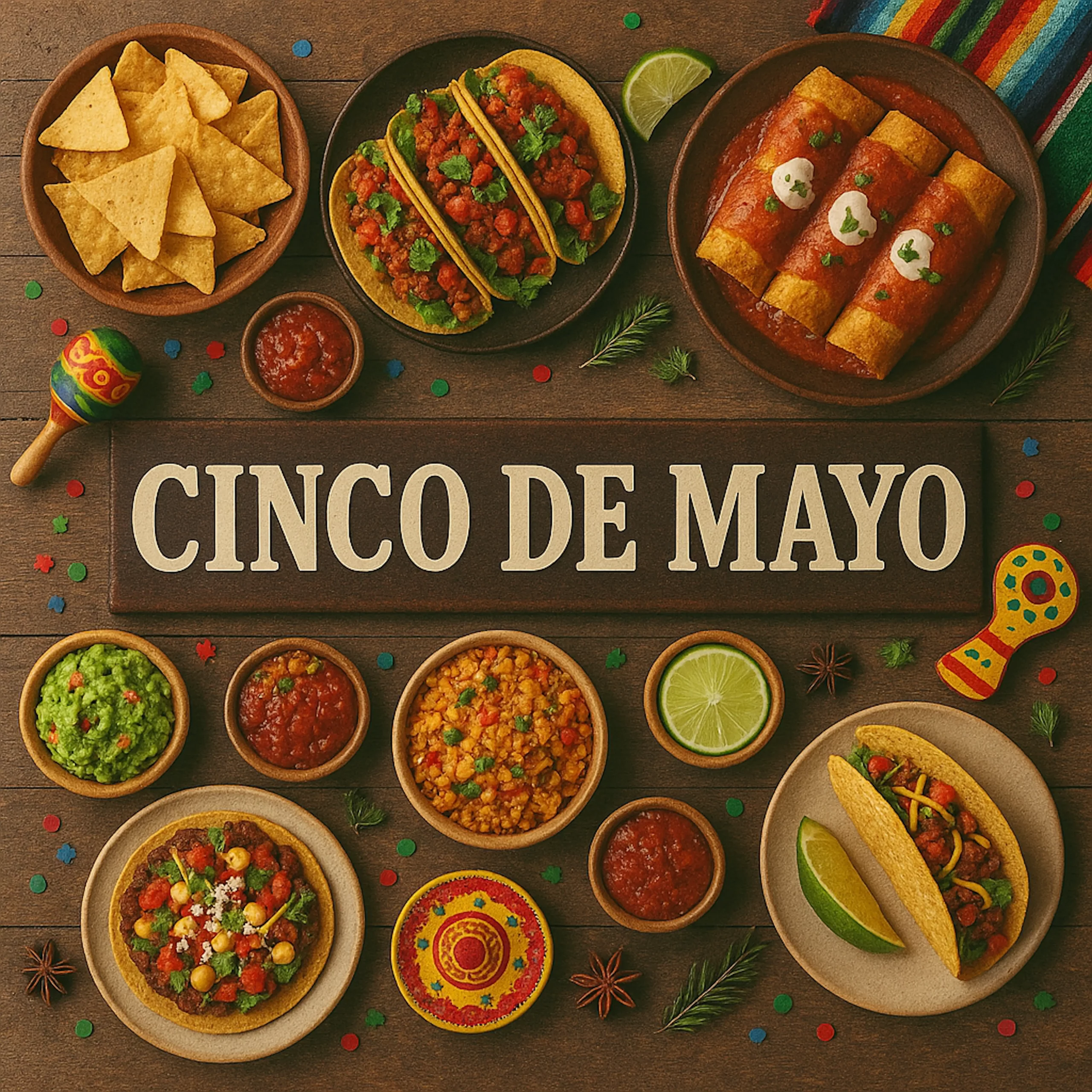 Top-down view of a rustic wooden table featuring a festive Cinco de Mayo spread arranged around a central sign labeled CINCO DE MAYO. Includes tacos, enchiladas, tortilla chips, guacamole, salsa, seasoned rice, lime slices, and tostadas, all presented in warm-toned ceramic and wooden dishes with colorful maracas, confetti, and traditional decorations enhancing the celebration.