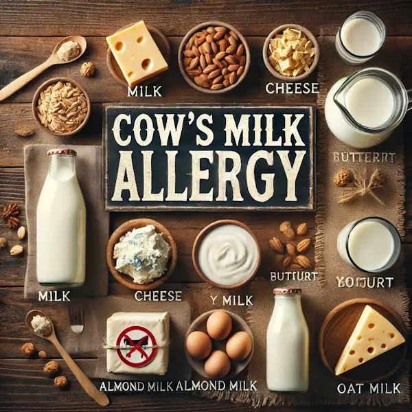 A rustic flat lay representing cow’s milk allergy on a medium-dark wooden table with horizontal planks. Dairy products like milk, cheese, yogurt, and butter are shown with red crosses to indicate avoidance, while alternatives such as soy milk, almond milk, and oat milk are placed nearby. At the top, the words 'COW’S MILK ALLERGY' are written in large cream-colored serif letters, centered and clearly visible.