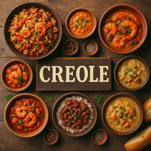Top-down view of a rustic wooden table featuring a variety of traditional Creole dishes arranged around a central sign labeled CREOLE. Includes jambalaya, crawfish étouffée, shrimp Creole, gumbo, and red beans and rice, all served in wooden and ceramic bowls and plates.