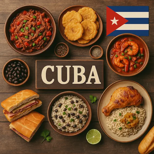 Top-down view of a rustic wooden table featuring a variety of traditional Cuban dishes arranged around a central sign labeled CUBA, with the Cuban flag in the top right corner. Includes ropa vieja, tostones, arroz con pollo, Cuban sandwich, shrimp stew, black beans, and rice with black beans, all served in wooden and ceramic bowls and plates.