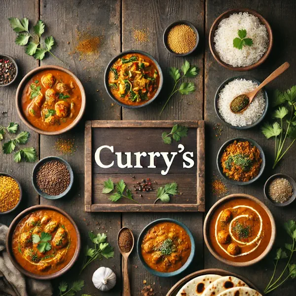 A rustic flat lay of curries on a medium-dark wooden table with horizontal planks. Bowls of chicken curry, vegetable curry, and lentil curry are shown, garnished with herbs like cilantro, with naan bread and rice nearby. At the top, the word 'CURRY'S' is written in large cream-colored serif letters, centered and clearly visible.