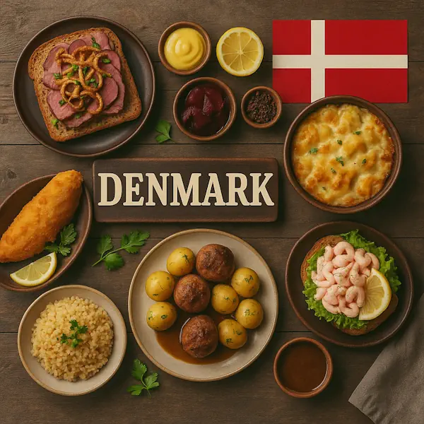 Top-down view of a rustic wooden table featuring a variety of traditional Danish dishes arranged around a central sign labeled DENMARK, with the Danish flag in the top right corner. Includes smørrebrød with roast beef and fried onions, meatballs with potatoes, fish fillet, shrimp sandwich, creamy potato gratin, mustard, pickled beets, and a lemon slice, all served in wooden and ceramic bowls and plates.