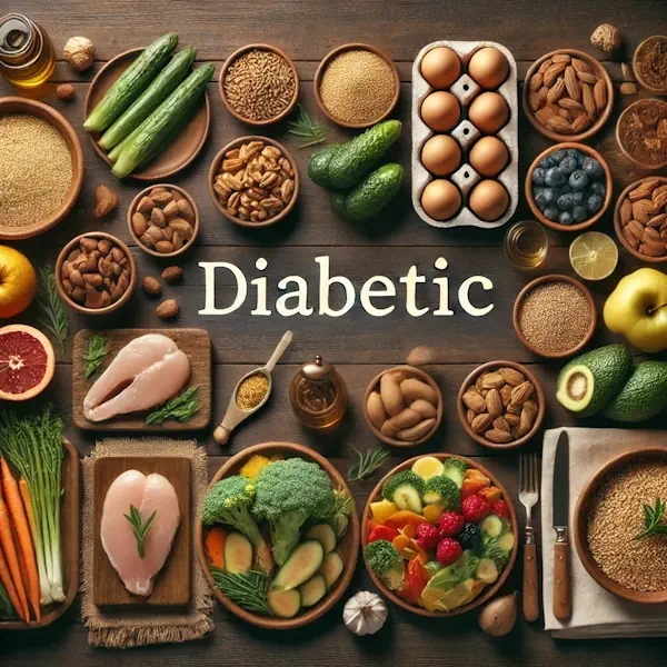 A rustic flat lay of diabetic-friendly foods on a medium-dark wooden table with horizontal planks. The scene includes fresh vegetables, lean proteins like chicken and fish, whole grains, nuts, and low-sugar fruits such as berries, arranged in bowls and plates. At the top, the word 'DIABETIC' is written in large cream-colored serif letters, centered and clearly visible.